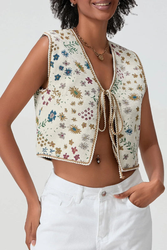 Kort Gilet met Bloemenprint en Striksluiting