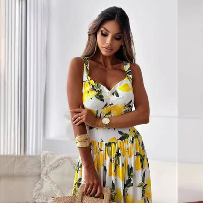 Citroenprint Maxi Zomerjurk met Split