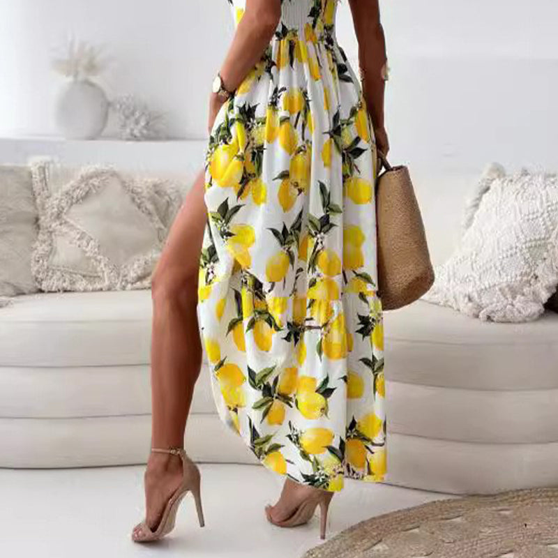 Citroenprint Maxi Zomerjurk met Split