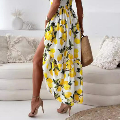 Citroenprint Maxi Zomerjurk met Split